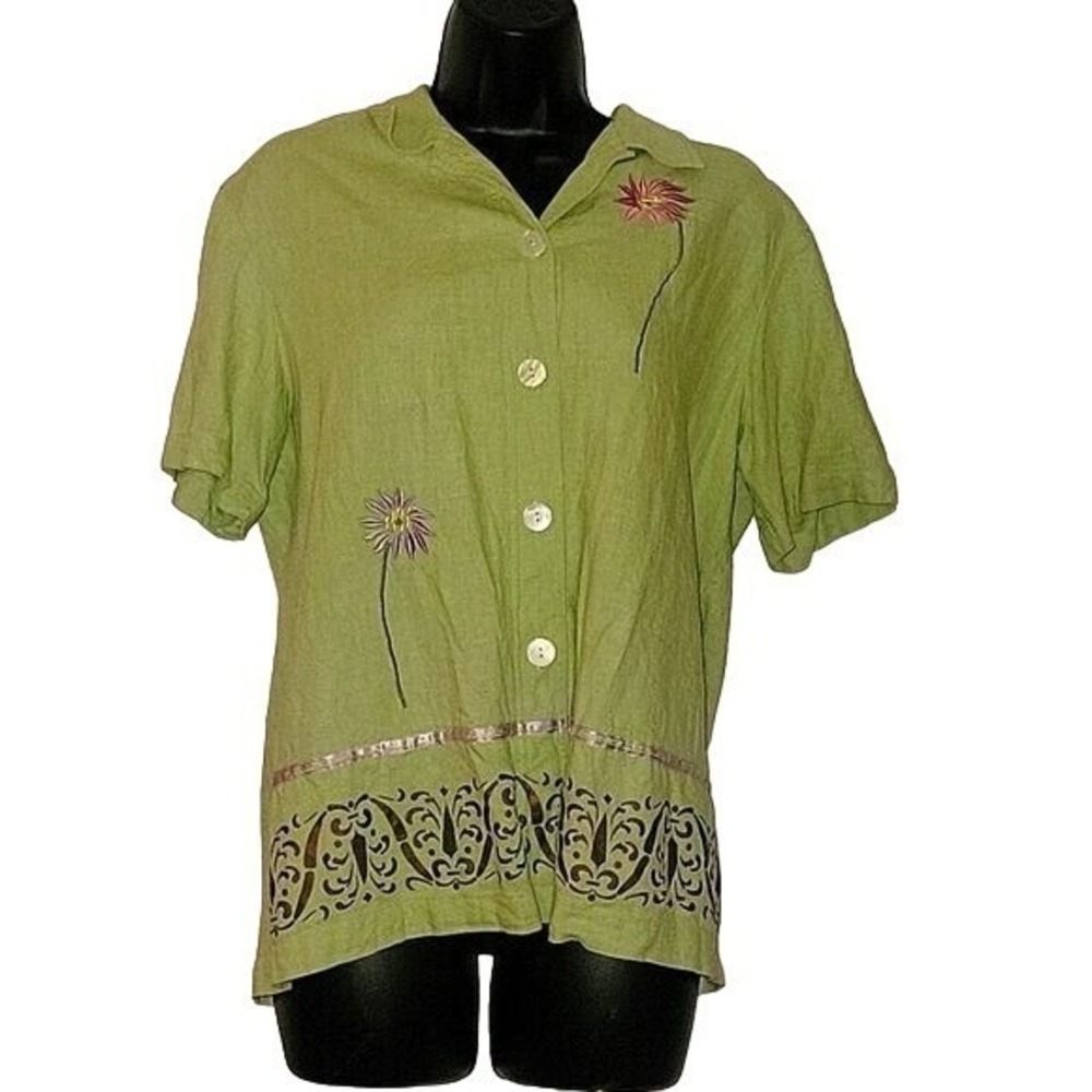 SWEET JESSIE Vintage Linen Blend Pearl Buttons Embroidered Button Down‎ Top 6